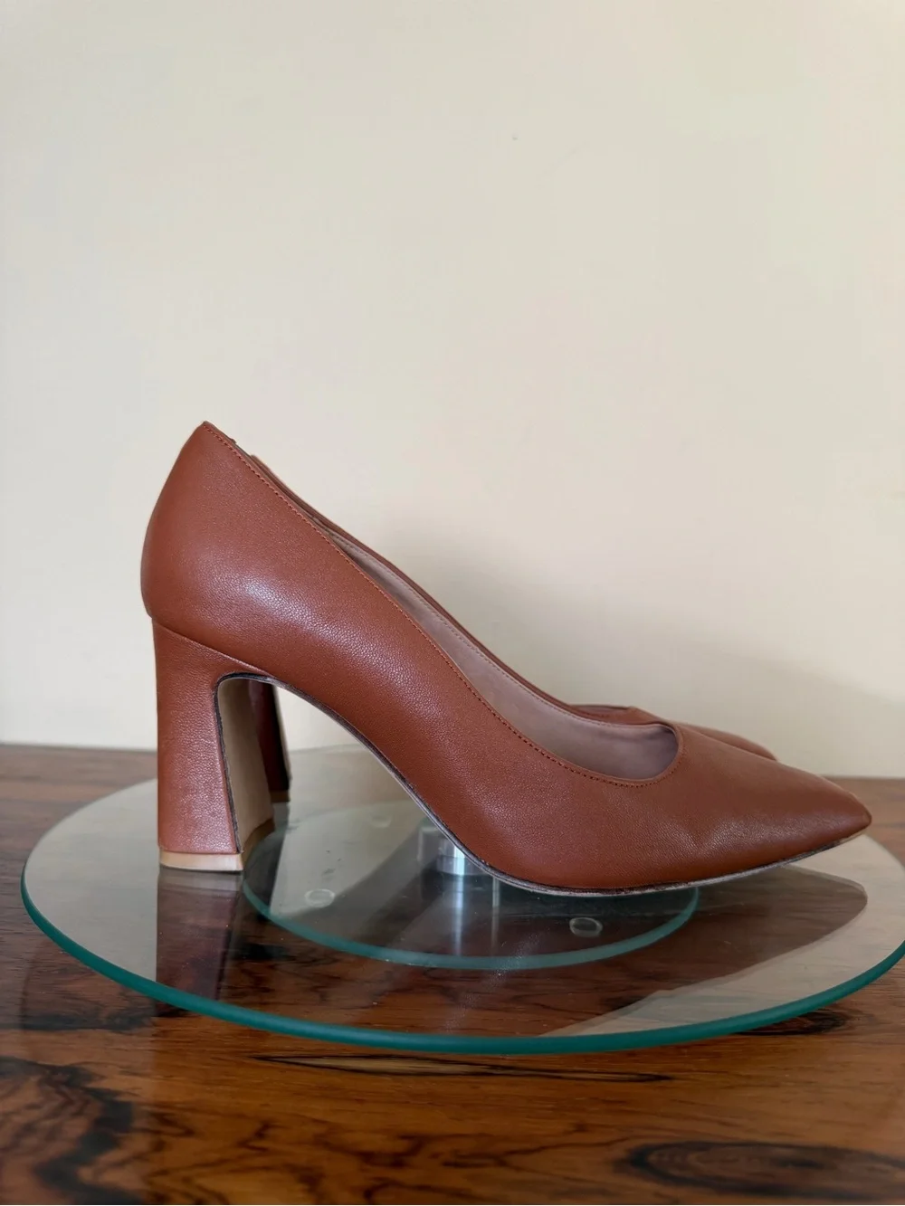 ALLY Shoes Caramel Brown Leather Pointed Block Heel Pumps 37.5B / US 7 7.5